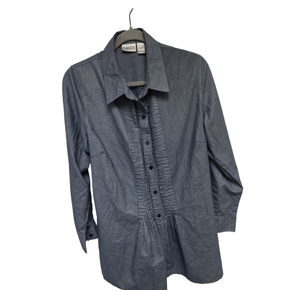 Chicos Denim Chambray Button Down Tunic Shirt Blue Womens Size S Long Sleeve‎